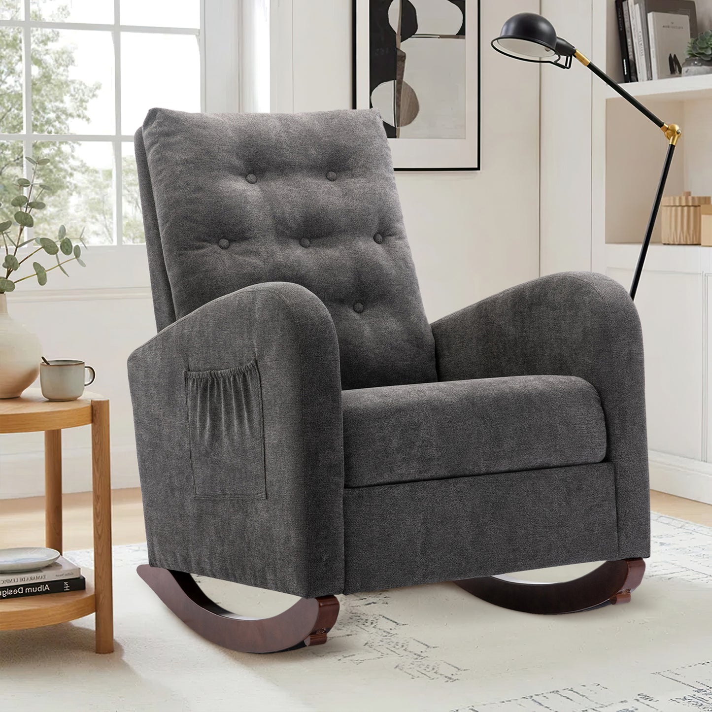 Muumblus Glider Rocker for Living Room, Rocking Chair for Nursery, Tufted High Back, Beige Linen