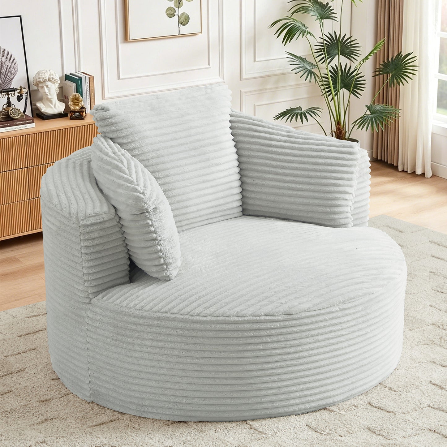 Muumblus 48.8" Oversized Accent Barrel Chair, Fluffy Round Lazy Sofa Chair for Adults, No Assembly Required, Black Corduroy
