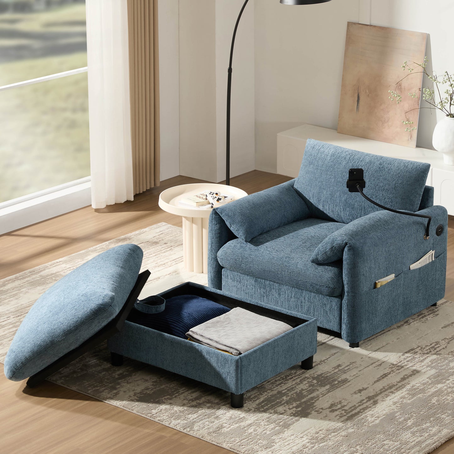 Muumblus Accent Armchair with USB & Phone Stand, Lounge Chair with Storage Ottoman, Indoor Chaise Lounge, Cozy Single Sofa for Living Room, Apt, Beige Chenille