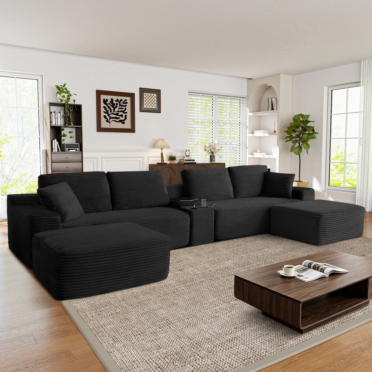 Muumblus 125" Cloud Sectional Sofa with Storage Console, U-Shaped Modular Couch with 2 Ottomans, USB, Cup Holders, Oversized Corduroy Living Room Sofa, Black