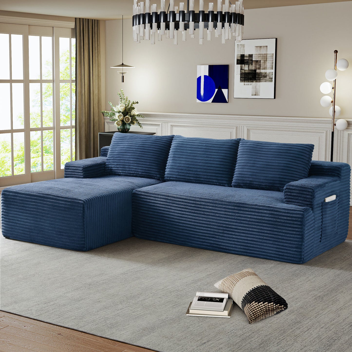 Muumblus L-Shaped Modular Sectional Sofa with Chaise, Boneless Deep Seat Cloud Couch, No Assembly Corduroy Sleeper Sofa for Living Room, Black（Right Facing Chaise）