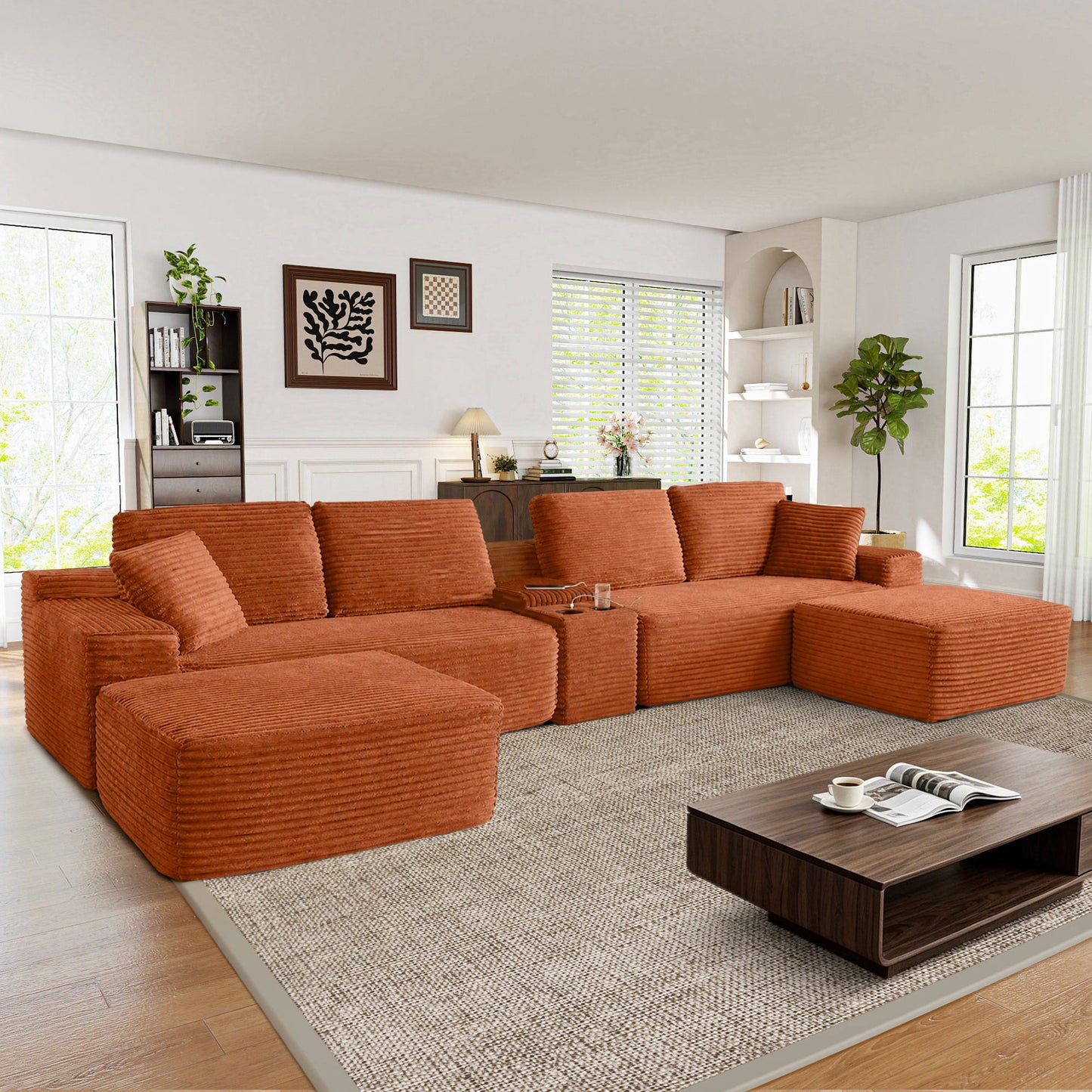 Muumblus 125" Cloud Sectional Sofa with Storage Console, U-Shaped Modular Couch with 2 Ottomans, USB, Cup Holders, Oversized Corduroy Living Room Sofa, Black