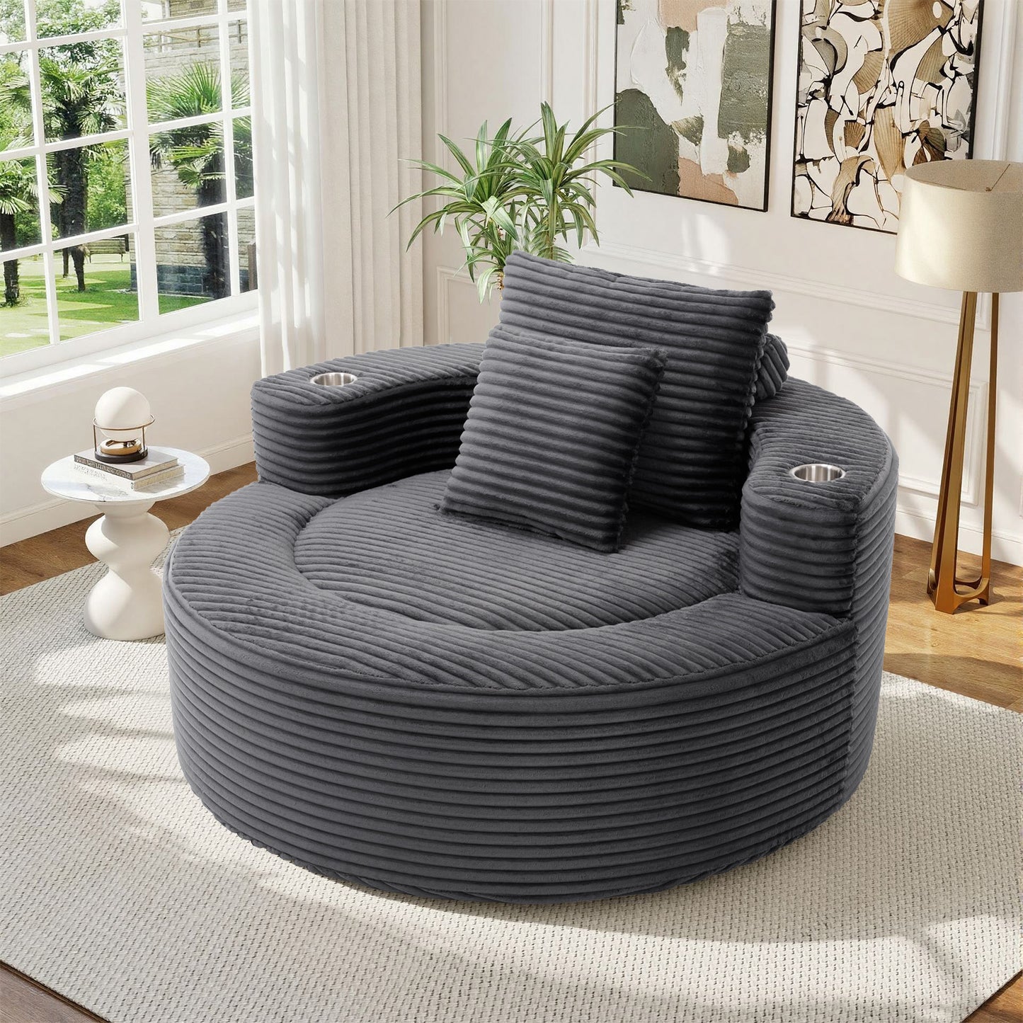 Muumblus 55" Indoor Round Chaise Lounge with Cup Holders, Oversized Boneless Accent Barrel Chair, Black Corduroy