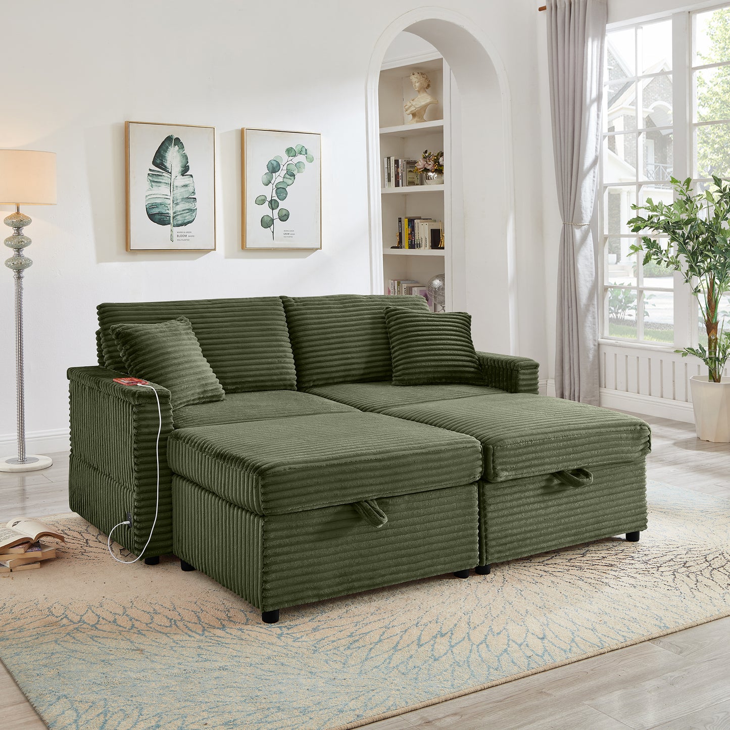 Muumblus Modular Sectional Sofa with 2 Storage Ottomans, 2 Side Tables & USB, Cozy Double Chaise Lounge Cloud Sofa, Plush Corduroy Sleeper Bed Couch for Living Room, White