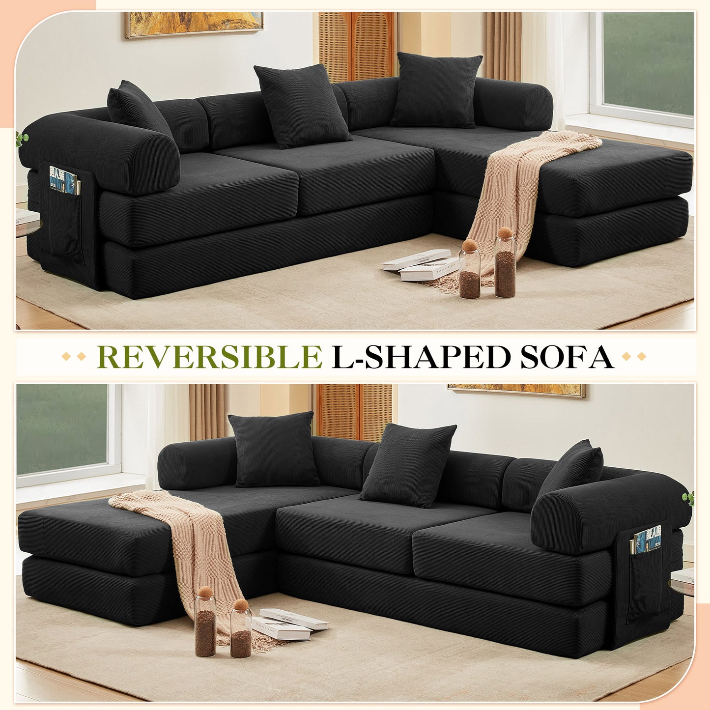 Muumblus L-Shape Convertible Floor Sofa Bed, Comfy Foldable Modular Sleeper Sectional Couch for Living Room, Bedroom