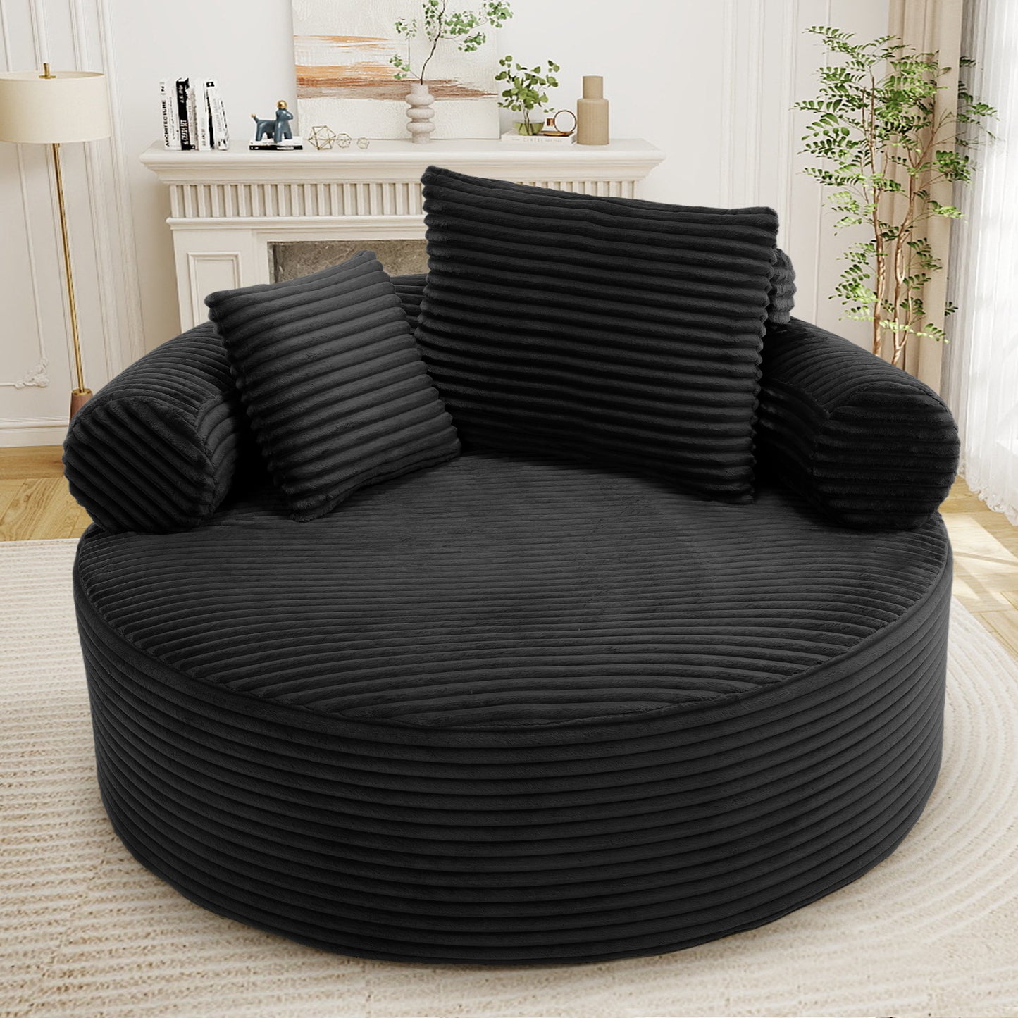 Muumblus 55" Indoor Round Lounge Chair, Oversized Boneless Accent Barrel Chair, Black Corduroy