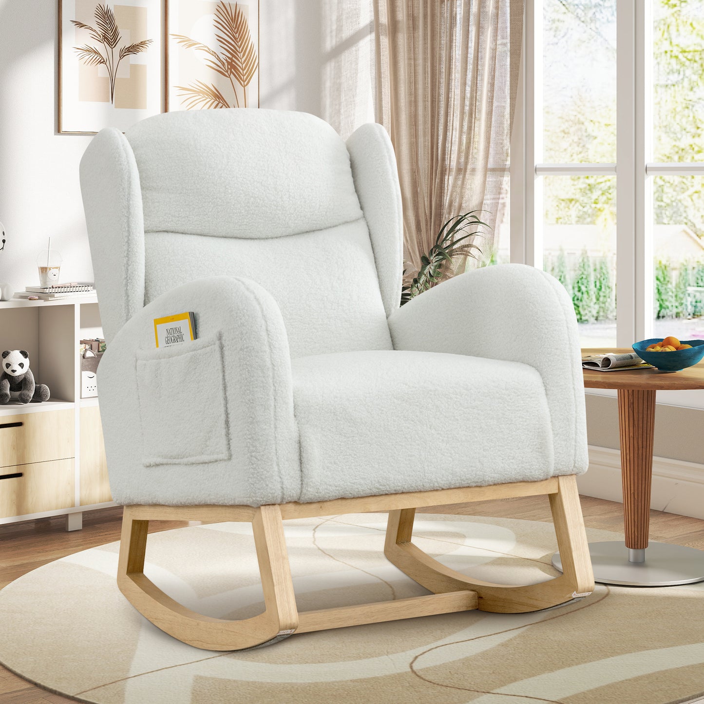 Muumblus Nursery Rocking Chair, Wingback Glider Rocker, Indoor Uphlostered Rocking Chair, Ivory Teddy