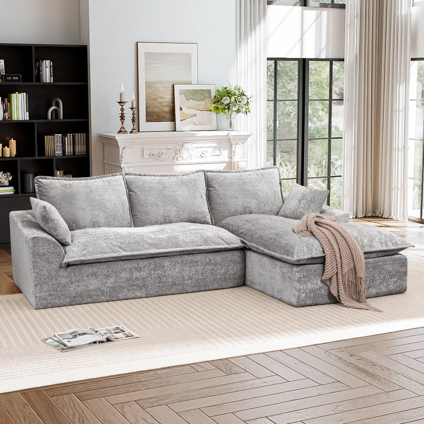 Muumblus 103" Boneless Sectional Sofa with Left Chaise, Comfy L-Shaped Modular Couch for Living Room, No Assembly Required, Black Chenille