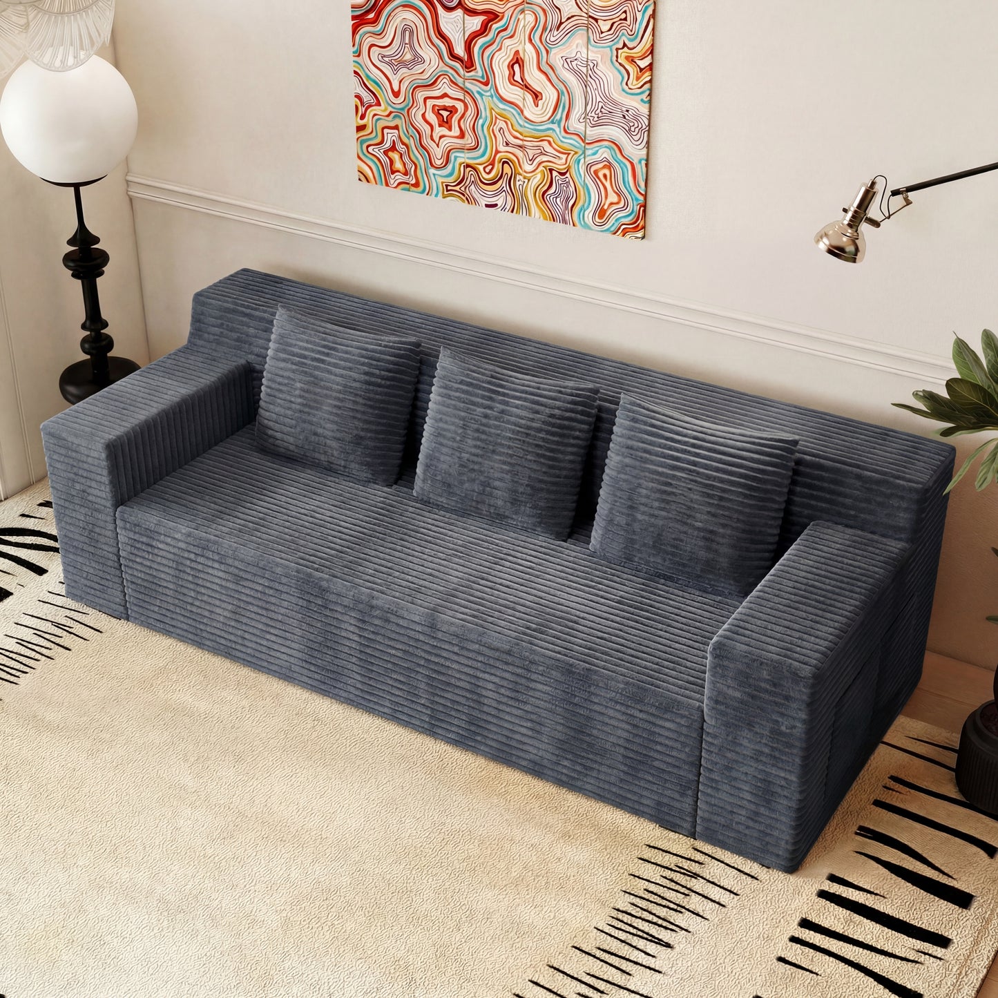 Muumblus 71" Boneless Sofa with Square Arms, Living Room Upholstered Deep Seat Couch with Pocket, Dark Gray Corduroy