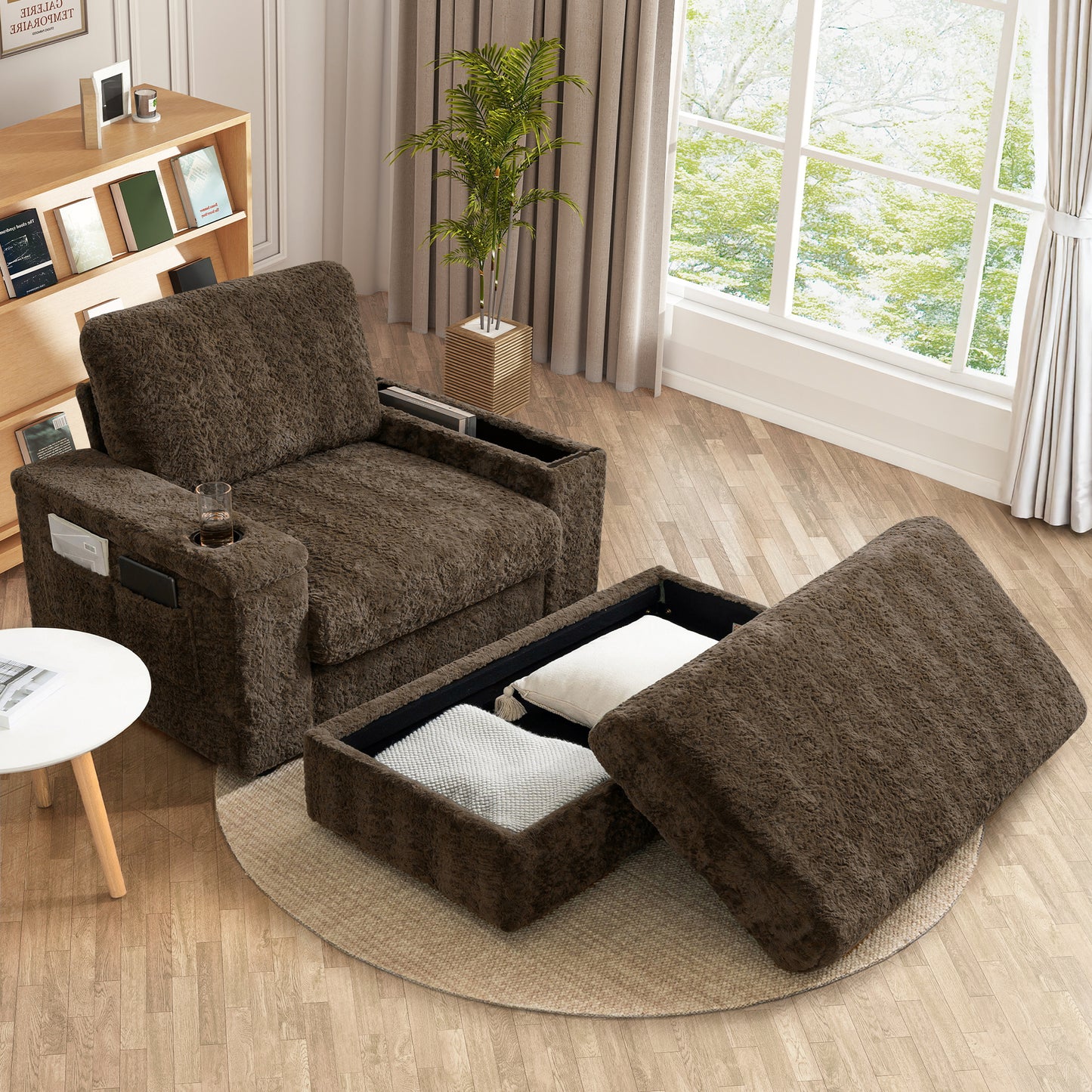 Muumblus 42" Chaise Lounge Indoor, Accent Armchair with Storage Ottoman & Armrests, Oversized Lounge Chair Sleeper Chair for Living Room, Gray Faux Rabbit Fur
