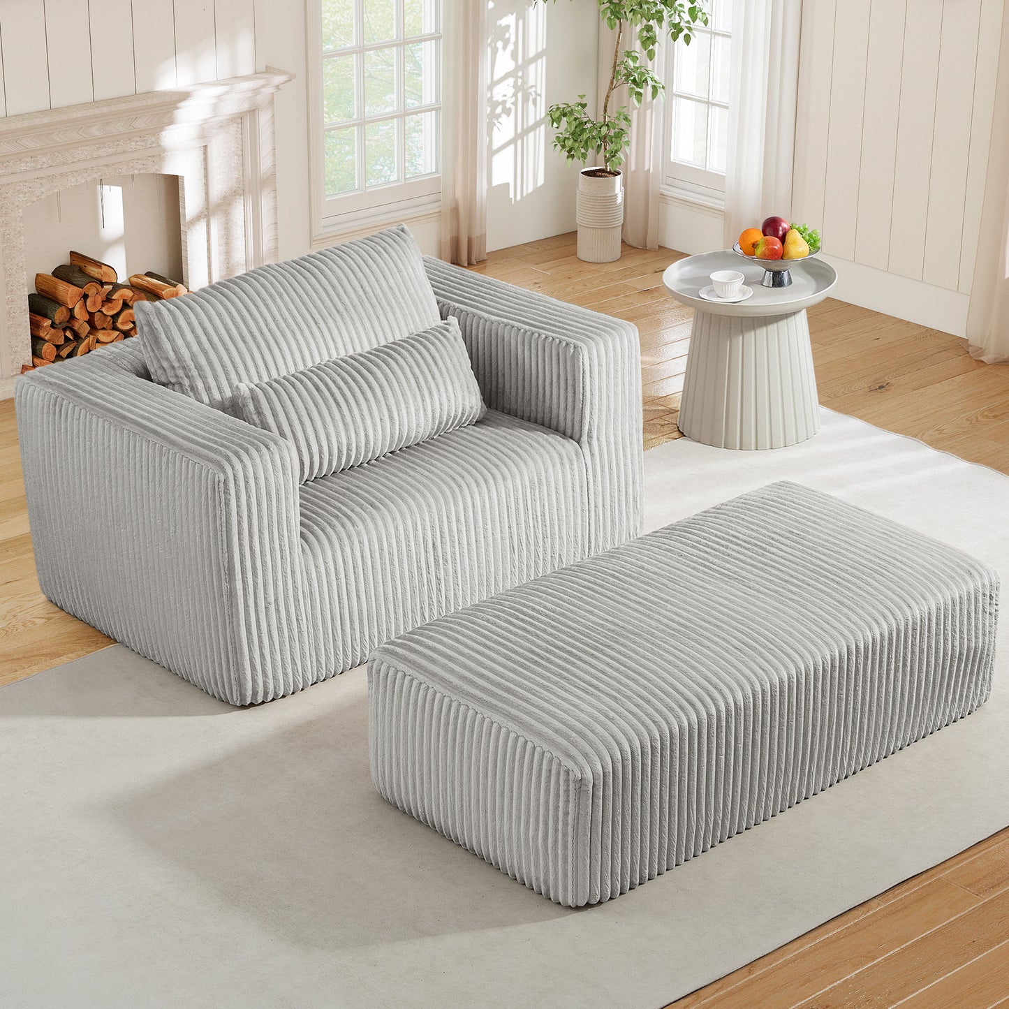 Muumblus Accent Chair with Movable Ottoman, Oversized Indoor Chaise Lounge Chair, No Assembly, Boneless Corduroy Cloud Sofa for Living Room, Gray