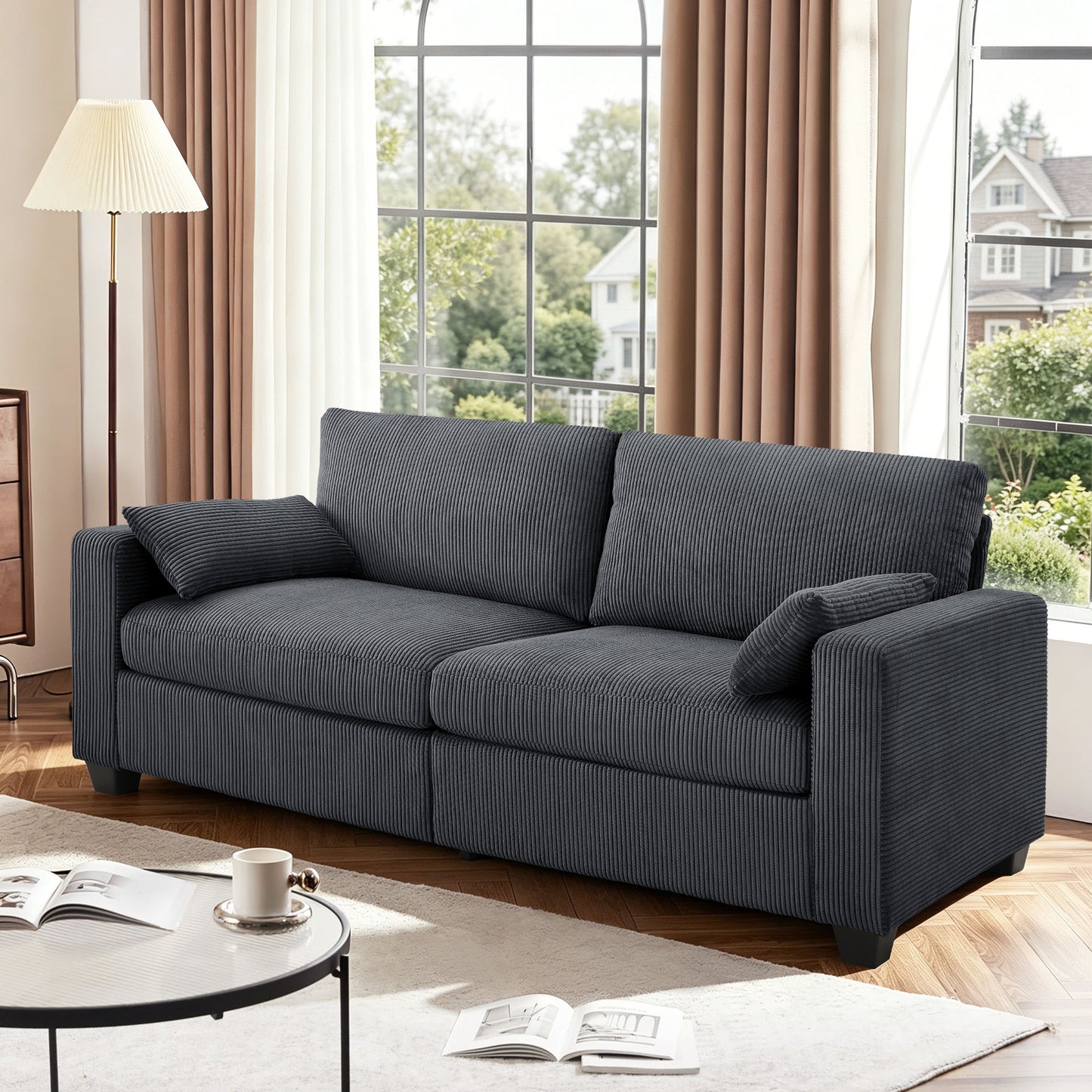 Muumblus 79" Living Room Sofa, Cozy Oversized Loveseat Sofa, Removable Covers, Black Corduroy