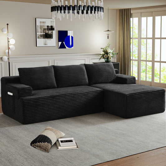 Muumblus L-Shaped Modular Sectional Sofa with Chaise, Boneless Deep Seat Cloud Couch, No Assembly Corduroy Sleeper Sofa for Living Room, Black（Right Facing Chaise）