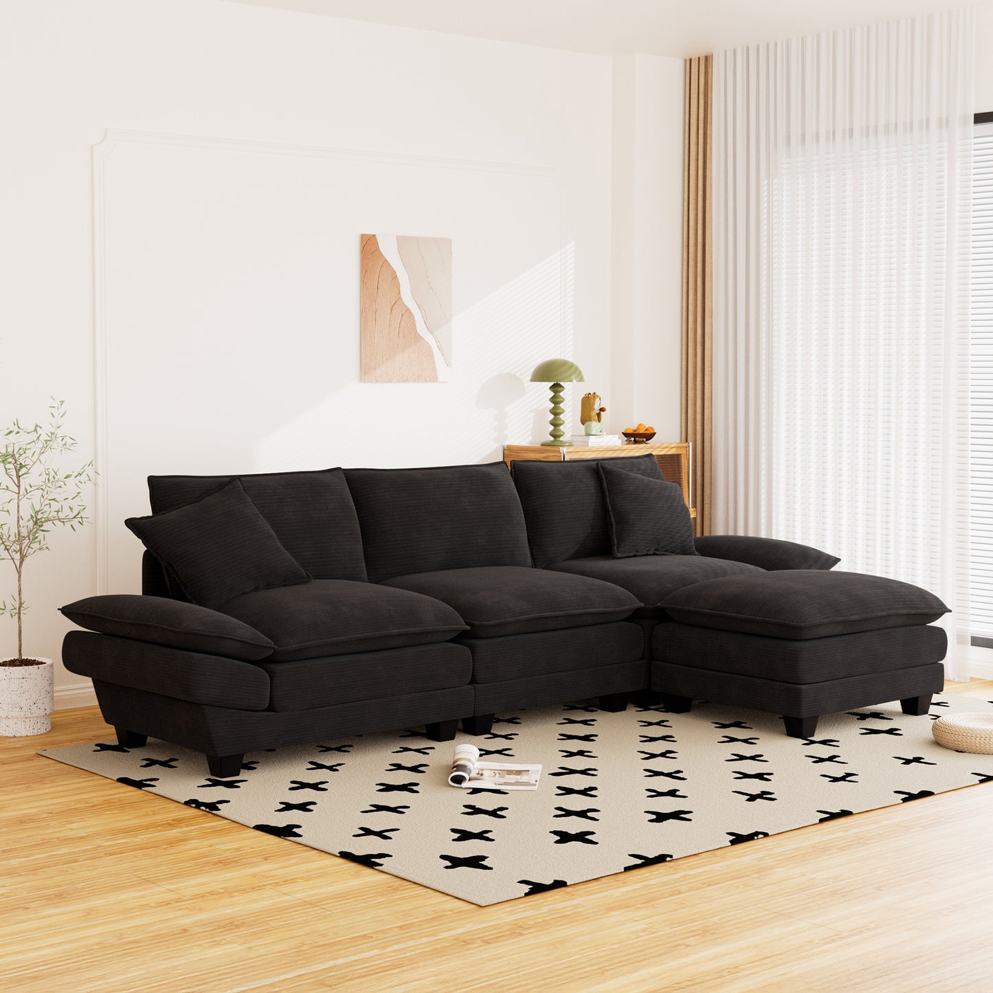 Muumblus 108" Modular Sectional Sofa with Ottoman, L-Shaped Couch with Chaise, Corduroy Sleeper Couch for Living Room, Black