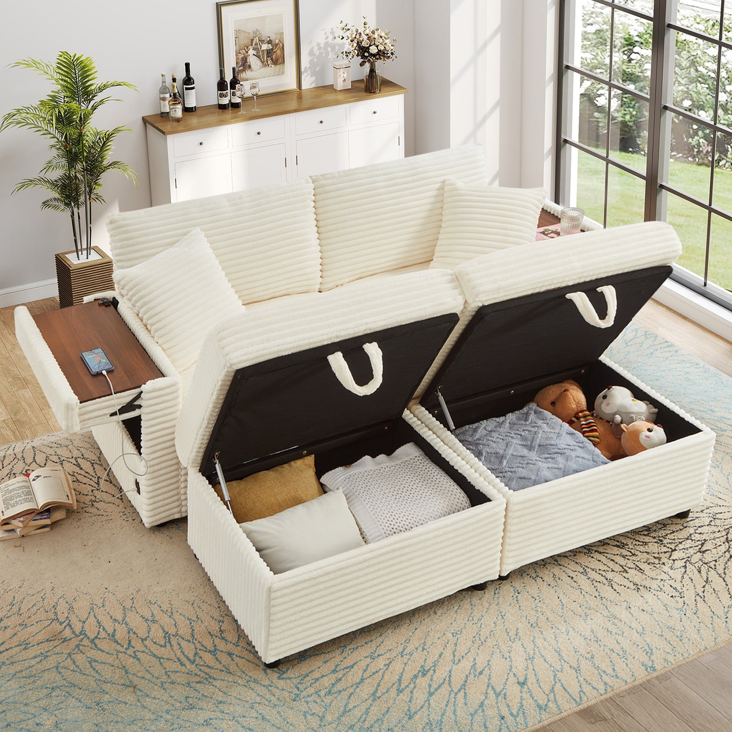 Muumblus Modular Sectional Sofa with 2 Storage Ottomans, 2 Side Tables & USB, Cozy Double Chaise Lounge Cloud Sofa, Plush Corduroy Sleeper Bed Couch for Living Room, White