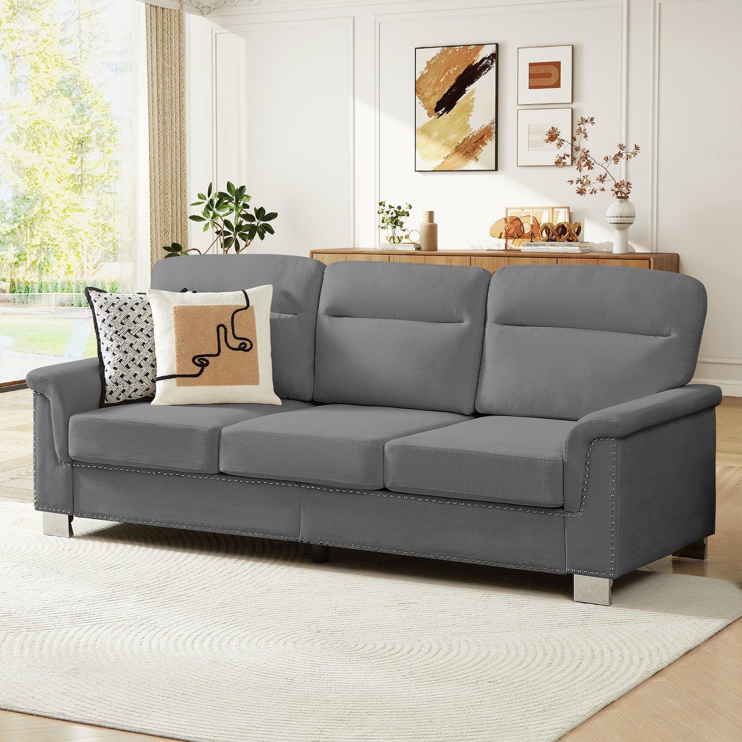 Muumblus 84" 3-Seater Sofa, Modern Deep Seat Nailhead Trim Couch with Curved Arms and Metal Legs for Living Room, Beige