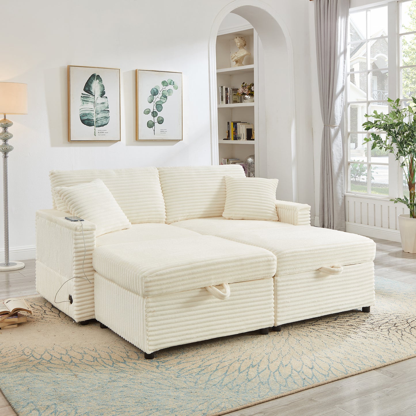 Muumblus Modular Sectional Sofa with 2 Storage Ottomans, 2 Side Tables & USB, Cozy Double Chaise Lounge Cloud Sofa, Plush Corduroy Sleeper Bed Couch for Living Room, White