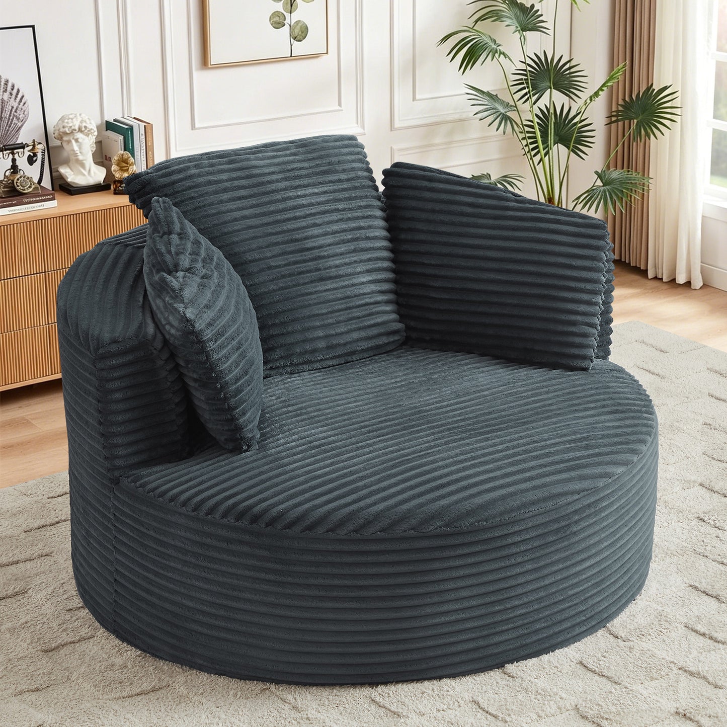 Muumblus 48.8" Oversized Accent Barrel Chair, Fluffy Round Lazy Sofa Chair for Adults, No Assembly Required, Black Corduroy