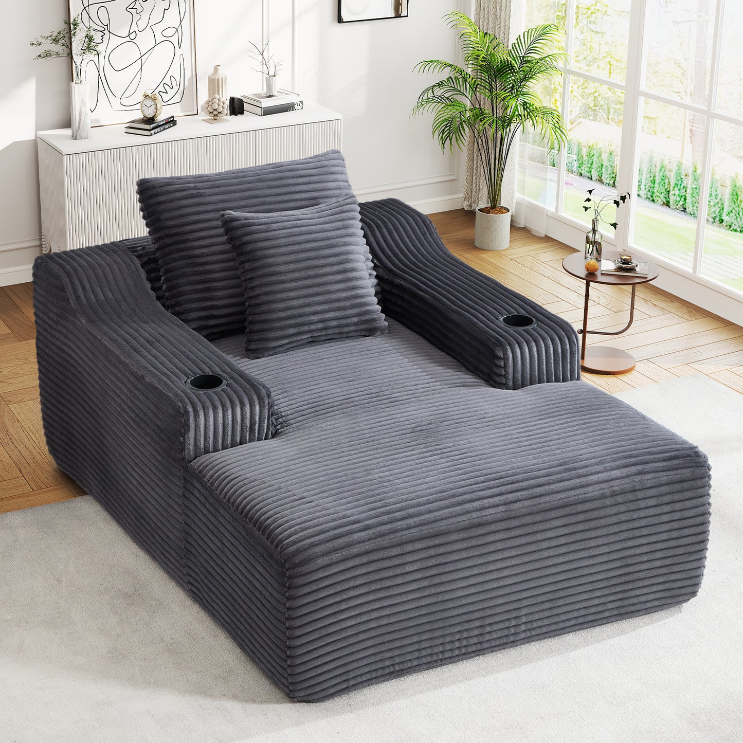 Muumblus Indoor Chaise Lounge Chair with Cup Holders, No Assembly Required, 67"D Oversized Deep Seat Cloud Couch, Corduroy Boneless Sleeper Sofa Bed for Livng Room, White