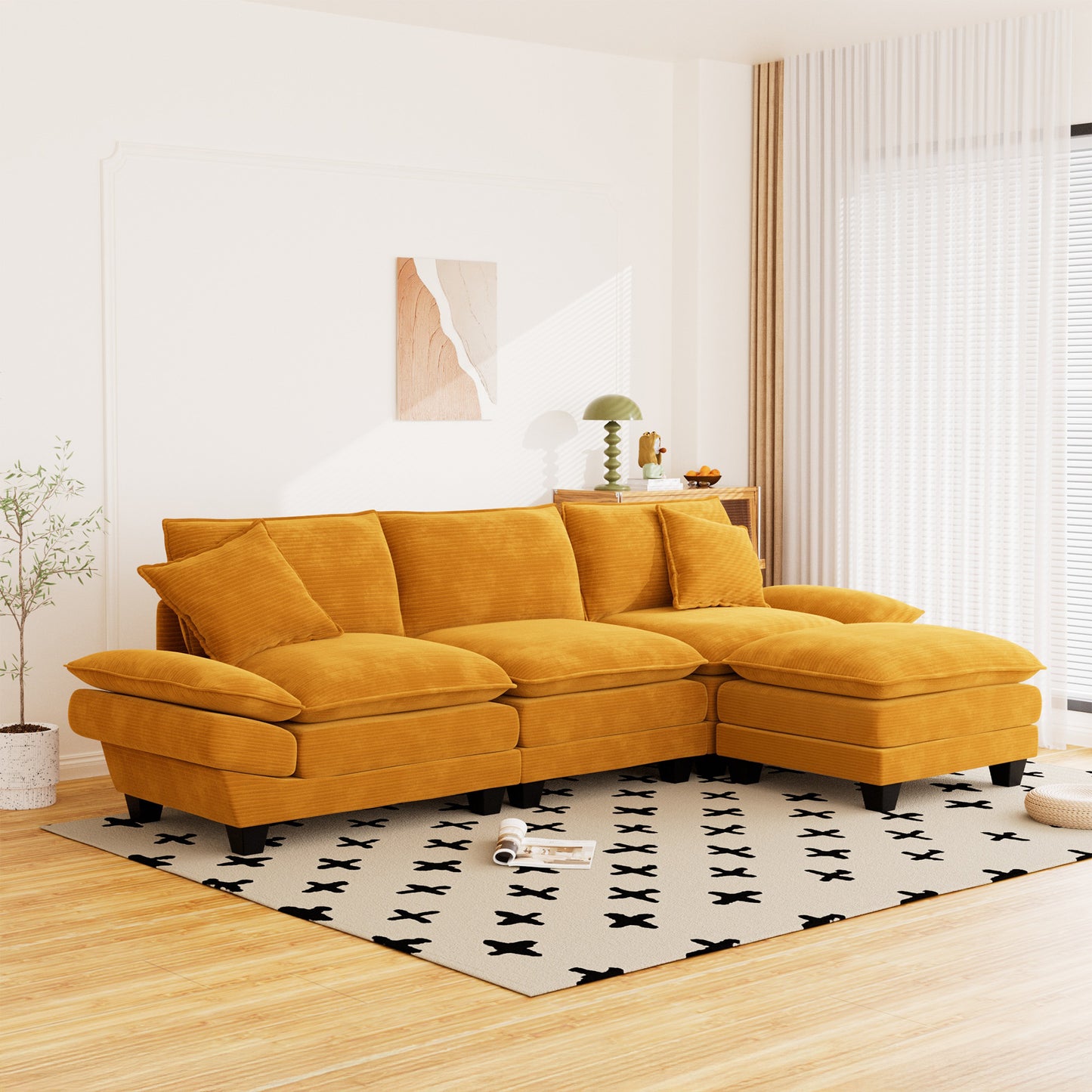 Muumblus 108" Modular Sectional Sofa with Ottoman, L-Shaped Couch with Chaise, Corduroy Sleeper Couch for Living Room, Black