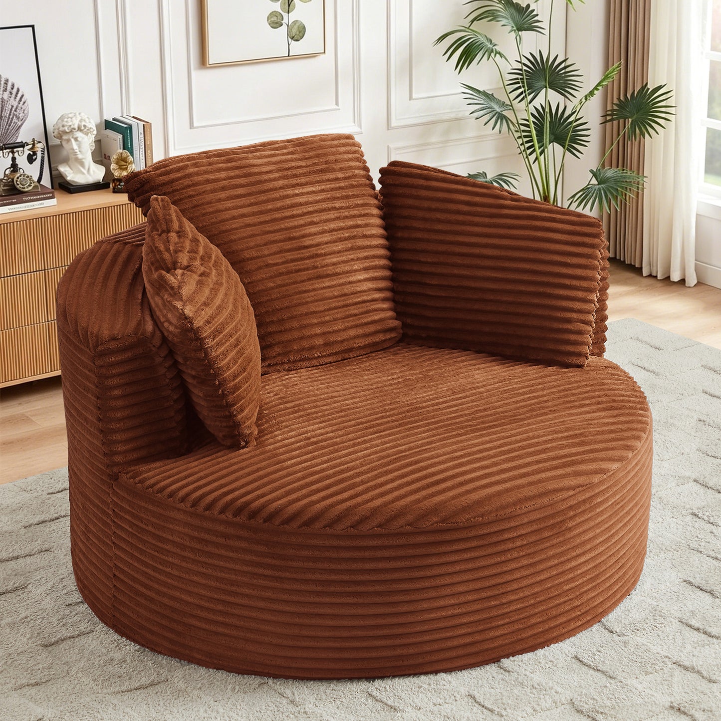Muumblus 48.8" Oversized Accent Barrel Chair, Fluffy Round Lazy Sofa Chair for Adults, No Assembly Required, Black Corduroy