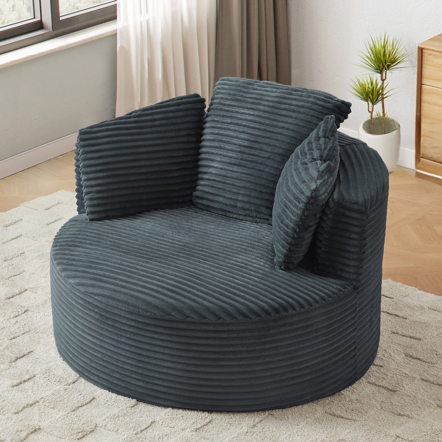 Muumblus 48.8" Oversized Accent Barrel Chair, Fluffy Round Lazy Sofa Chair for Adults, No Assembly Required, Black Corduroy