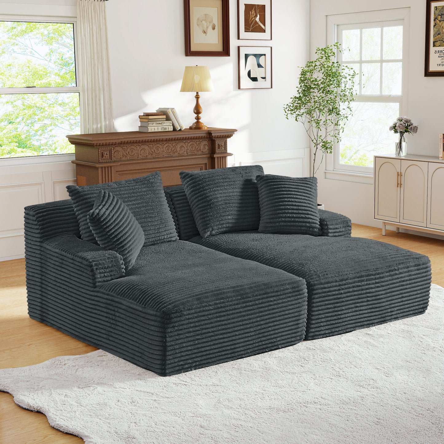 Muumblus Oversized Double Chaise Lounge Chair, Modern Indoor Boneless Cloud Sofa, Plush Corduroy Upholstered Modural Sectional Sleeper Couch for Living Room Apartment