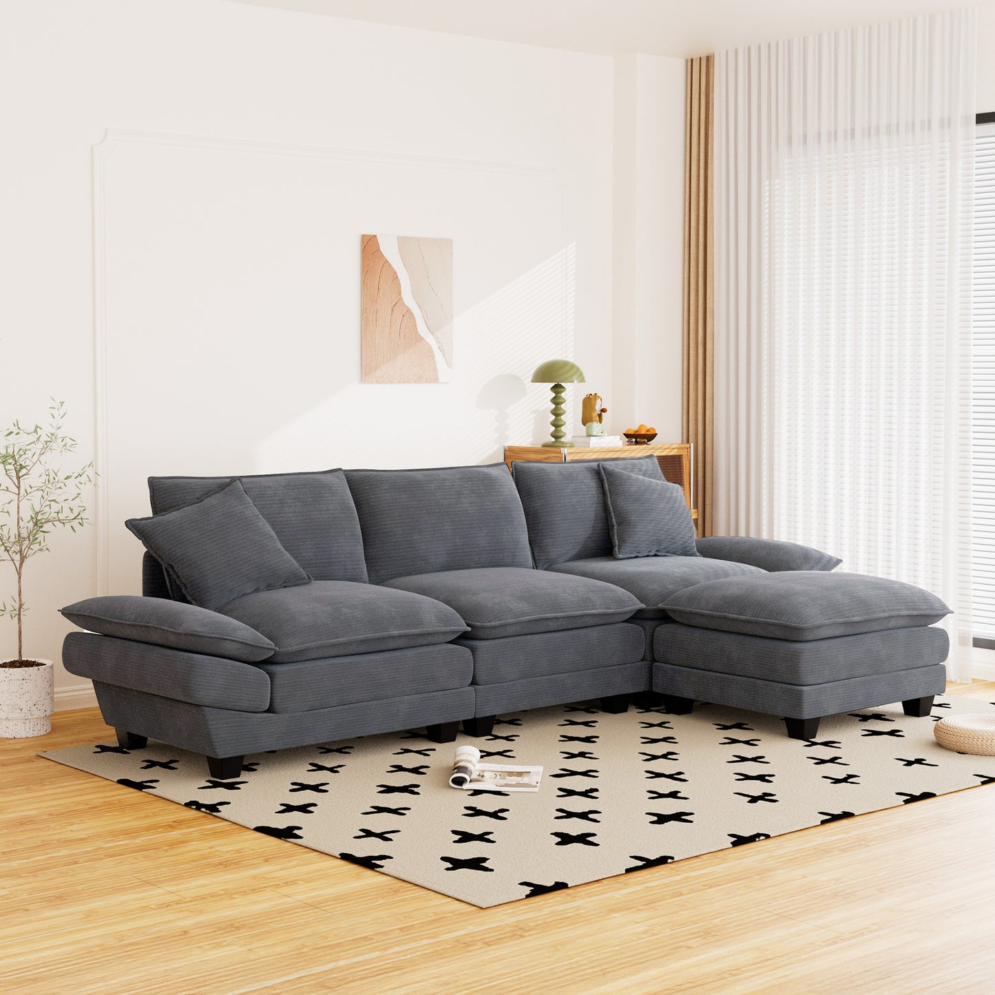 Muumblus 108" Modular Sectional Sofa with Ottoman, L-Shaped Couch with Chaise, Corduroy Sleeper Couch for Living Room, Black