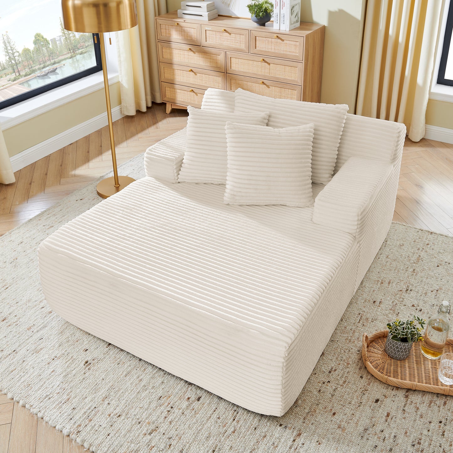 Muumblus Oversized Chaise Lounge Chair, No Assembly Required, Cozy Corduroy Sofa Bed for Living Room, Beige