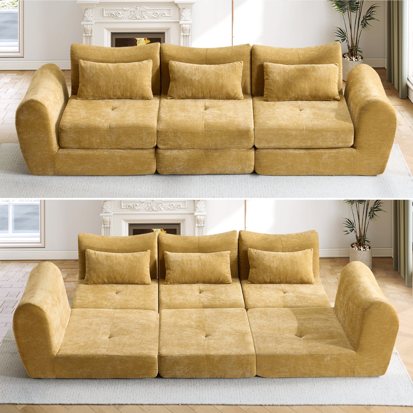 Muumblus 101.6" Modular Sectional Sofa, Convertible Floor Sofa Sleeper Bed, Modern Boneless Cloud Sectional for Living Room, Black Chenille