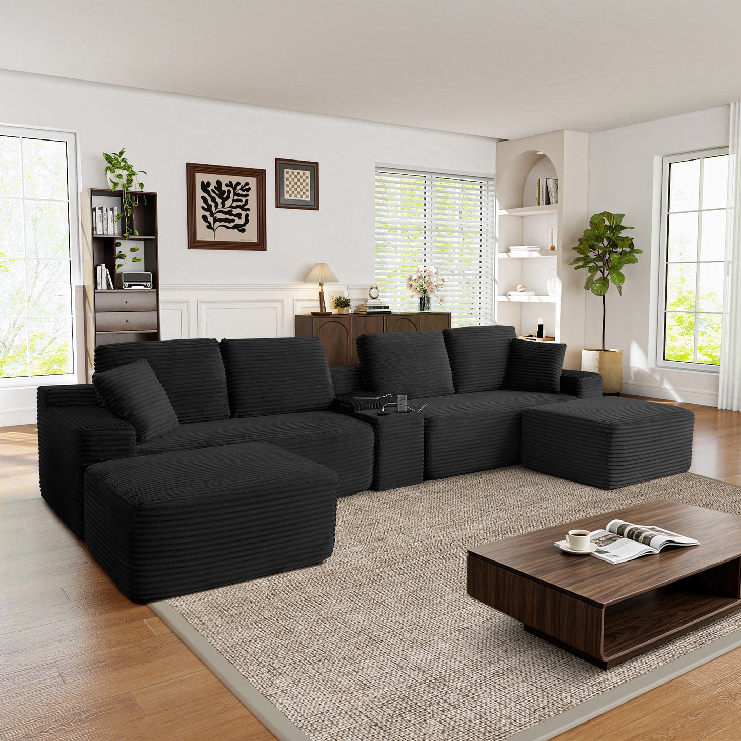 Muumblus 125" Cloud Sectional Sofa with Storage Console, U-Shaped Modular Couch with 2 Ottomans, USB, Cup Holders, Oversized Corduroy Living Room Sofa, Black