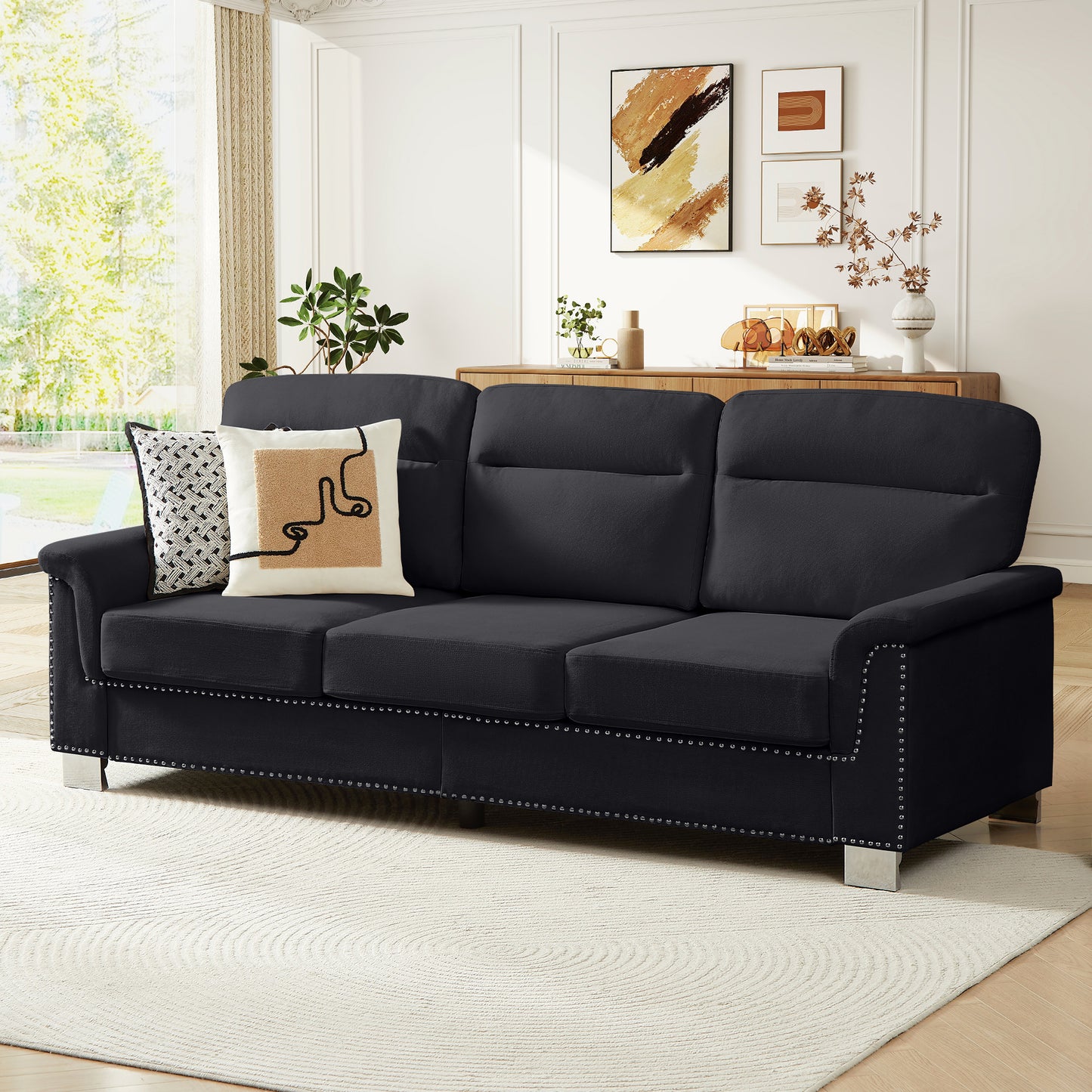 Muumblus 84" 3-Seater Sofa, Modern Deep Seat Nailhead Trim Couch with Curved Arms and Metal Legs for Living Room, Beige
