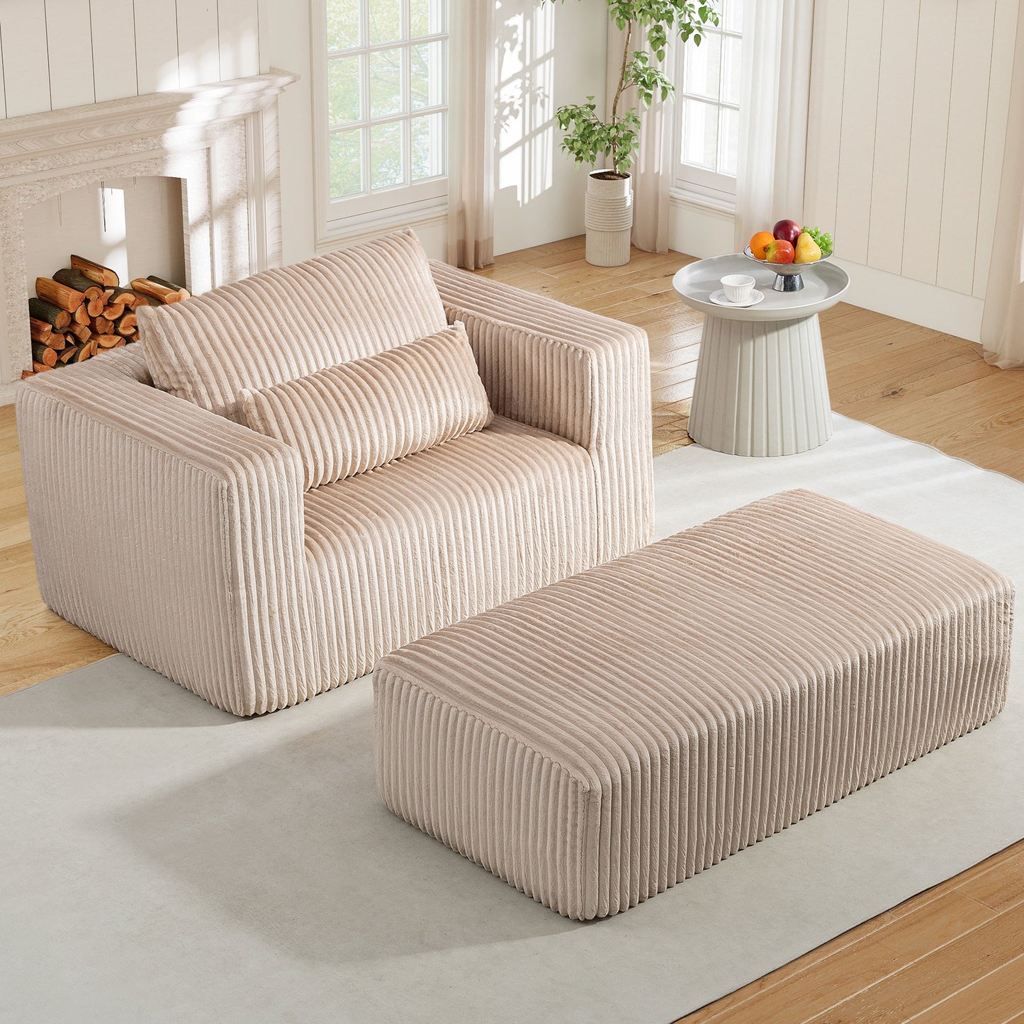Muumblus Accent Chair with Movable Ottoman, Oversized Indoor Chaise Lounge Chair, No Assembly, Boneless Corduroy Cloud Sofa for Living Room, Gray