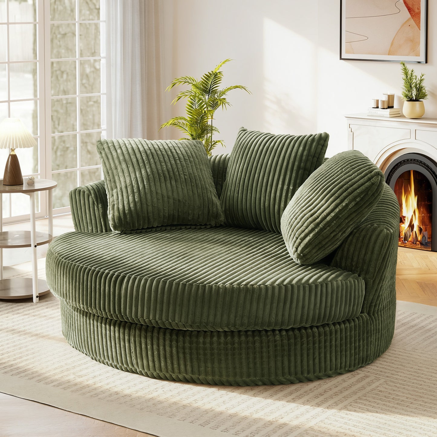 Muumblus 61" Oversized Round Boneless Lounge Chaise Chair Indoor, Corduroy Deep Seat Cloud Couch Sleeper Sofa Bed with 3 Pillows, No Assembly Barrel Chair for Living Room, Beige