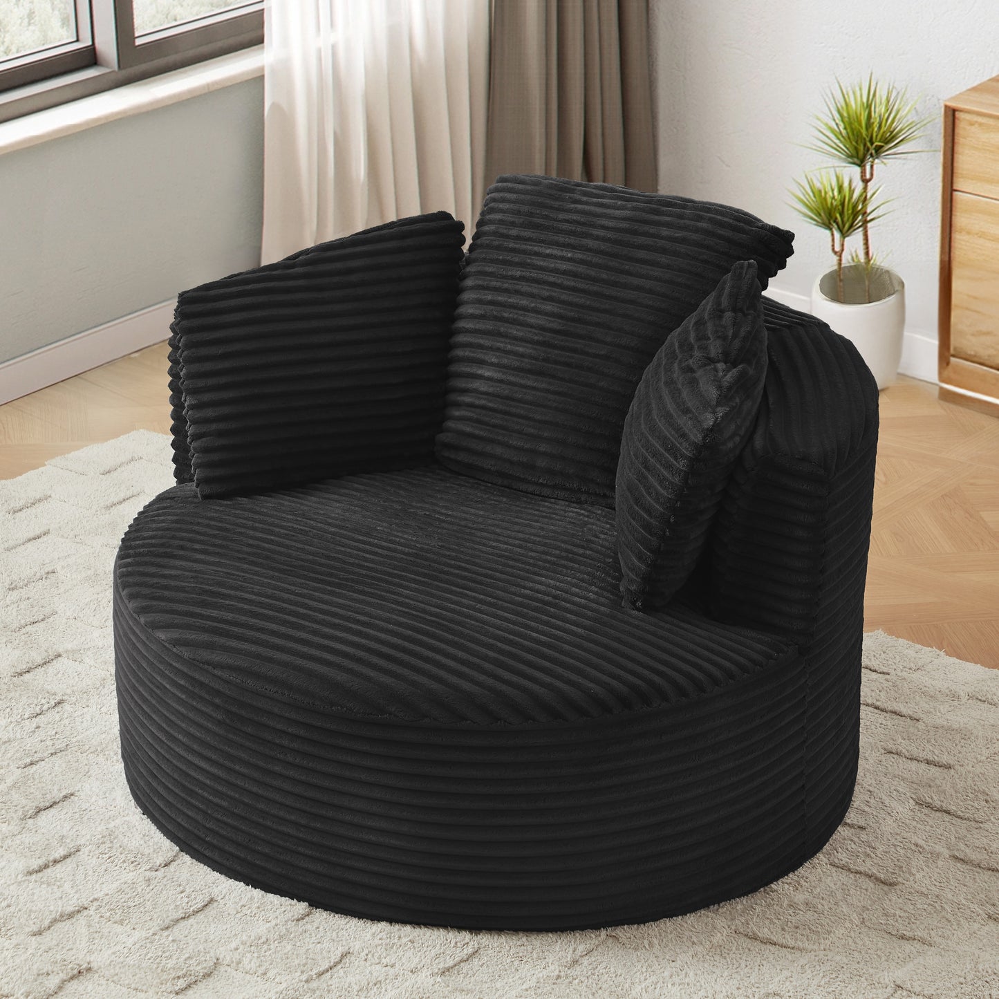 Muumblus 48.8" Oversized Accent Barrel Chair, Fluffy Round Lazy Sofa Chair for Adults, No Assembly Required, Black Corduroy
