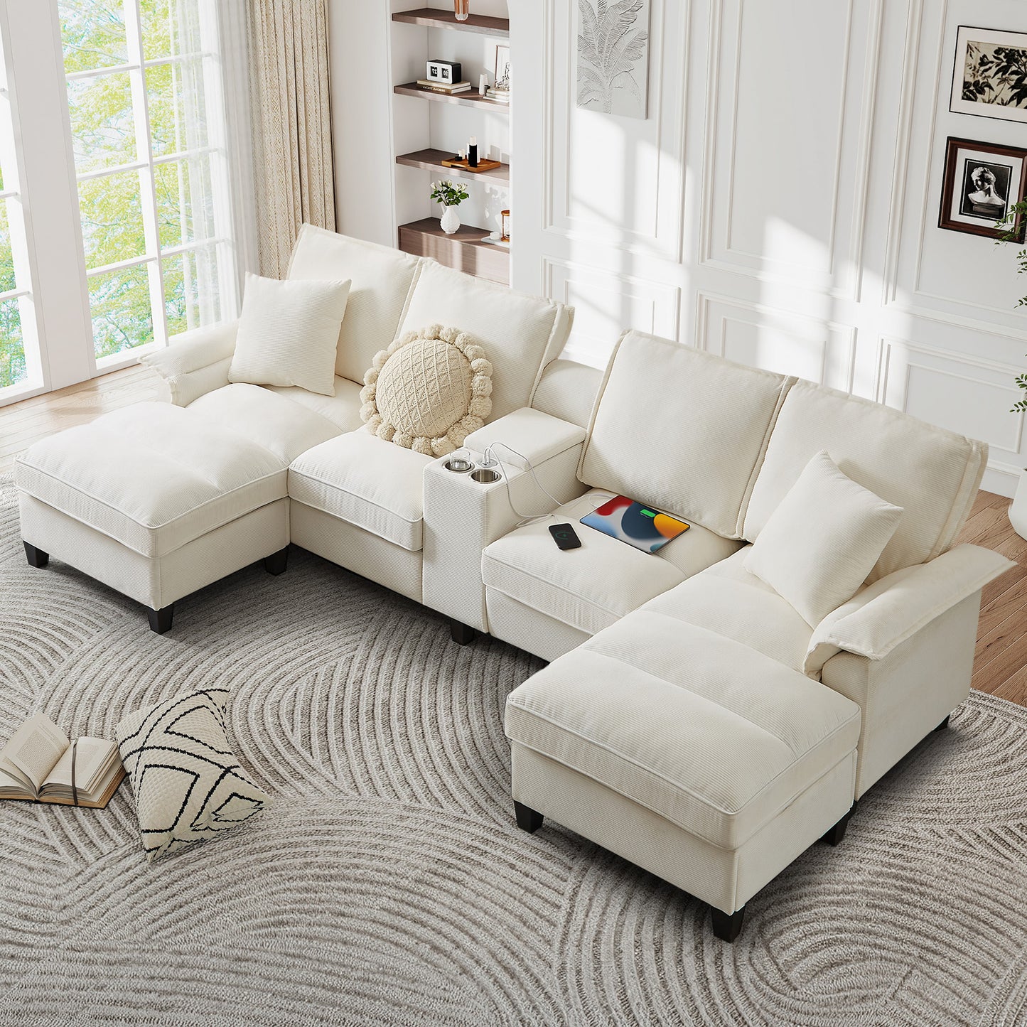 Muumblus 120" U-Shaped Sectional Sofa with USB & Storage, Living Room 4-Seater Couch with Double Chaise Lounge, Cup Holders, Beige Corduroy