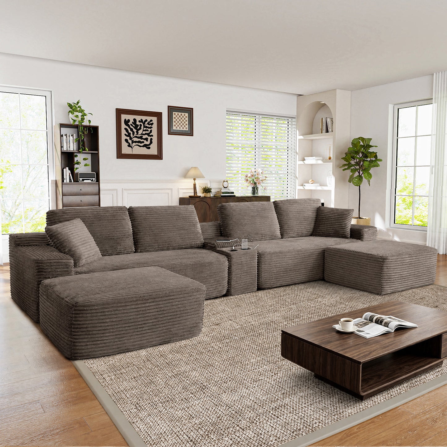 Muumblus 125" Cloud Sectional Sofa with Storage Console, U-Shaped Modular Couch with 2 Ottomans, USB, Cup Holders, Oversized Corduroy Living Room Sofa, Black