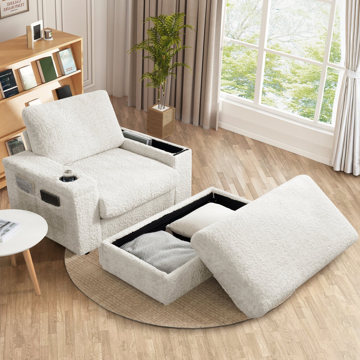 Muumblus 42" Chaise Lounge Indoor, Accent Armchair with Storage Ottoman & Armrests, Oversized Lounge Chair Sleeper Chair for Living Room, Gray Faux Rabbit Fur