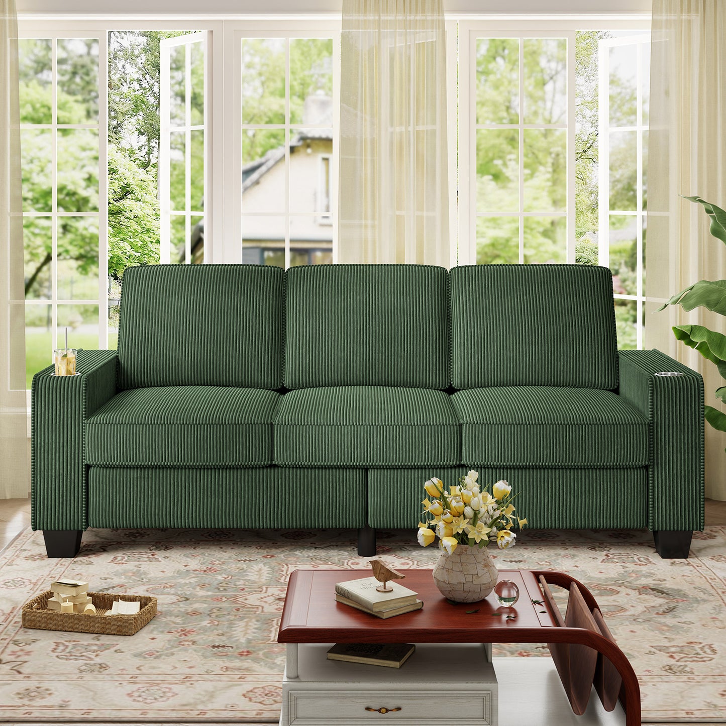 Muumblus 83.5" Living Room Sofa with Cup Holders, Cozy Plush Upholstered Couch, Corduroy Sofa 3-Seater, Black