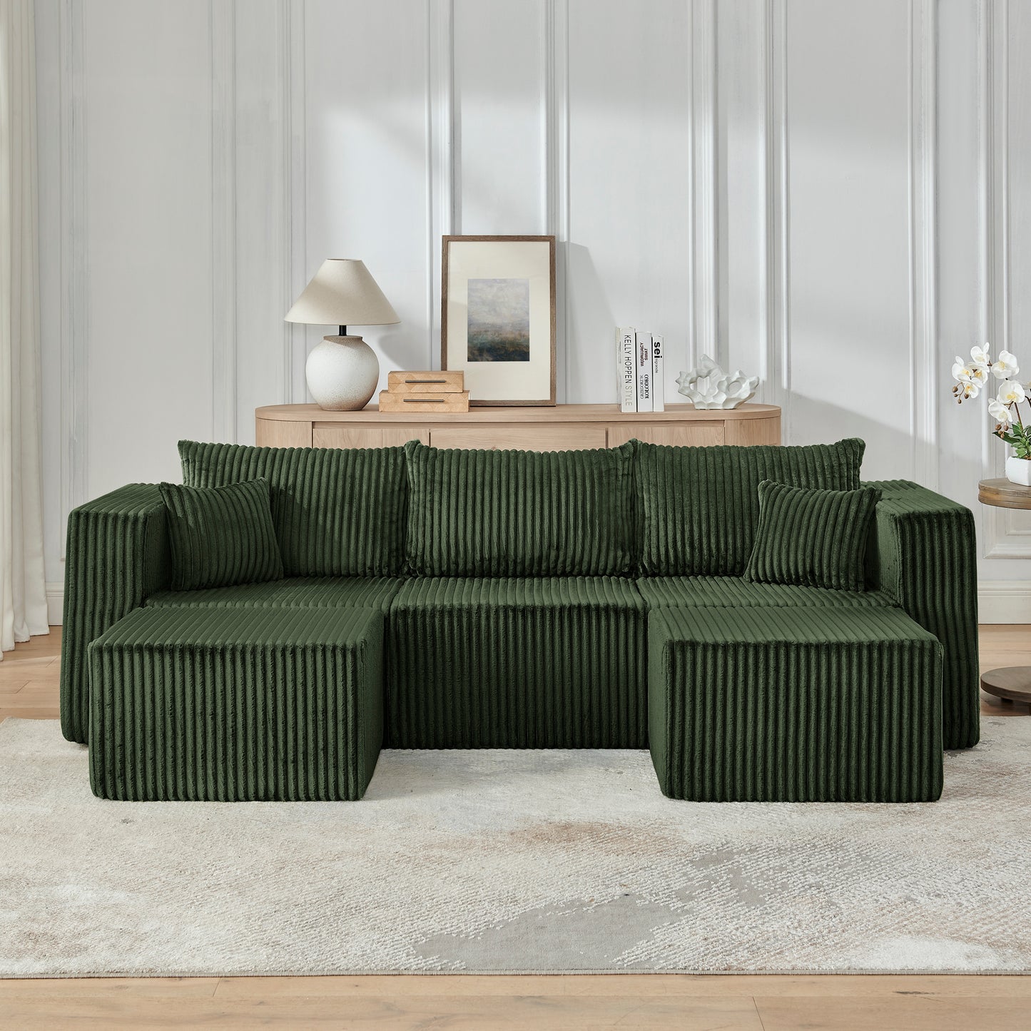 Muumblus U-Shaped Modular Sectional Sofa with 2 Movable Ottomans, Boneless Cloud Couch, No Assembly Sofa Set for Small Spaces, Living Room, Black Corduroy