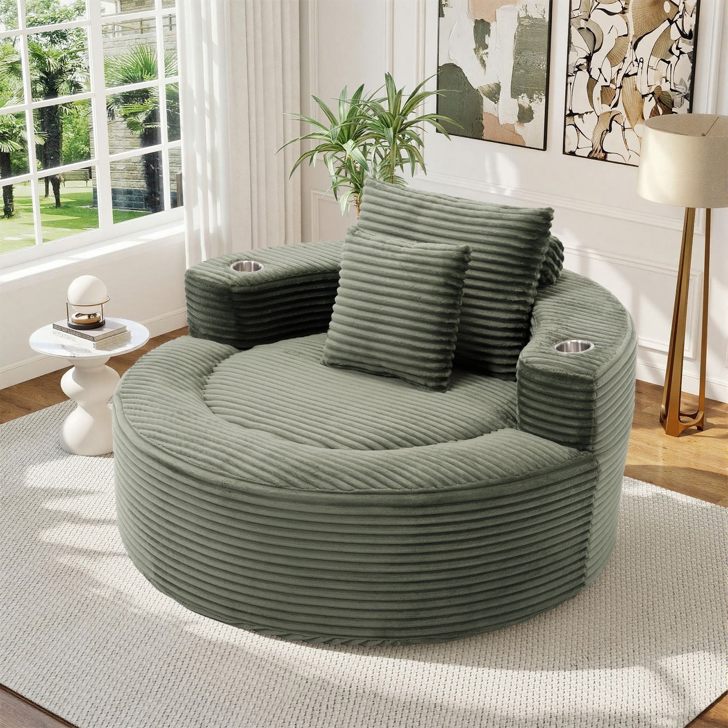Muumblus 55" Indoor Round Chaise Lounge with Cup Holders, Oversized Boneless Accent Barrel Chair, Black Corduroy