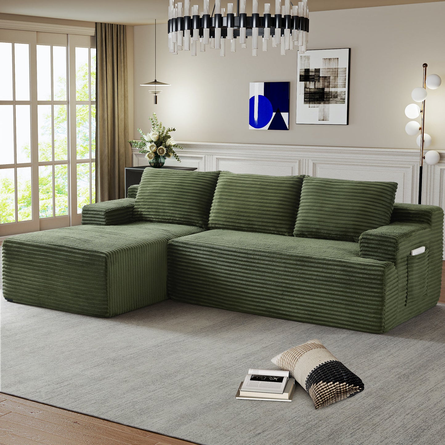 Muumblus L-Shaped Modular Sectional Sofa with Chaise, Boneless Deep Seat Cloud Couch, No Assembly Corduroy Sleeper Sofa for Living Room, Black（Right Facing Chaise）