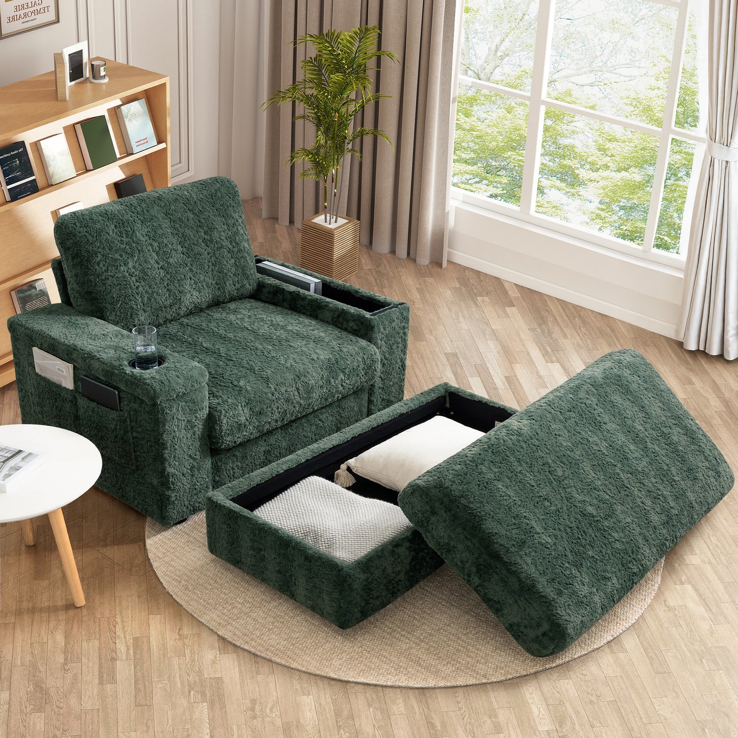 Muumblus 42" Chaise Lounge Indoor, Accent Armchair with Storage Ottoman & Armrests, Oversized Lounge Chair Sleeper Chair for Living Room, Gray Faux Rabbit Fur