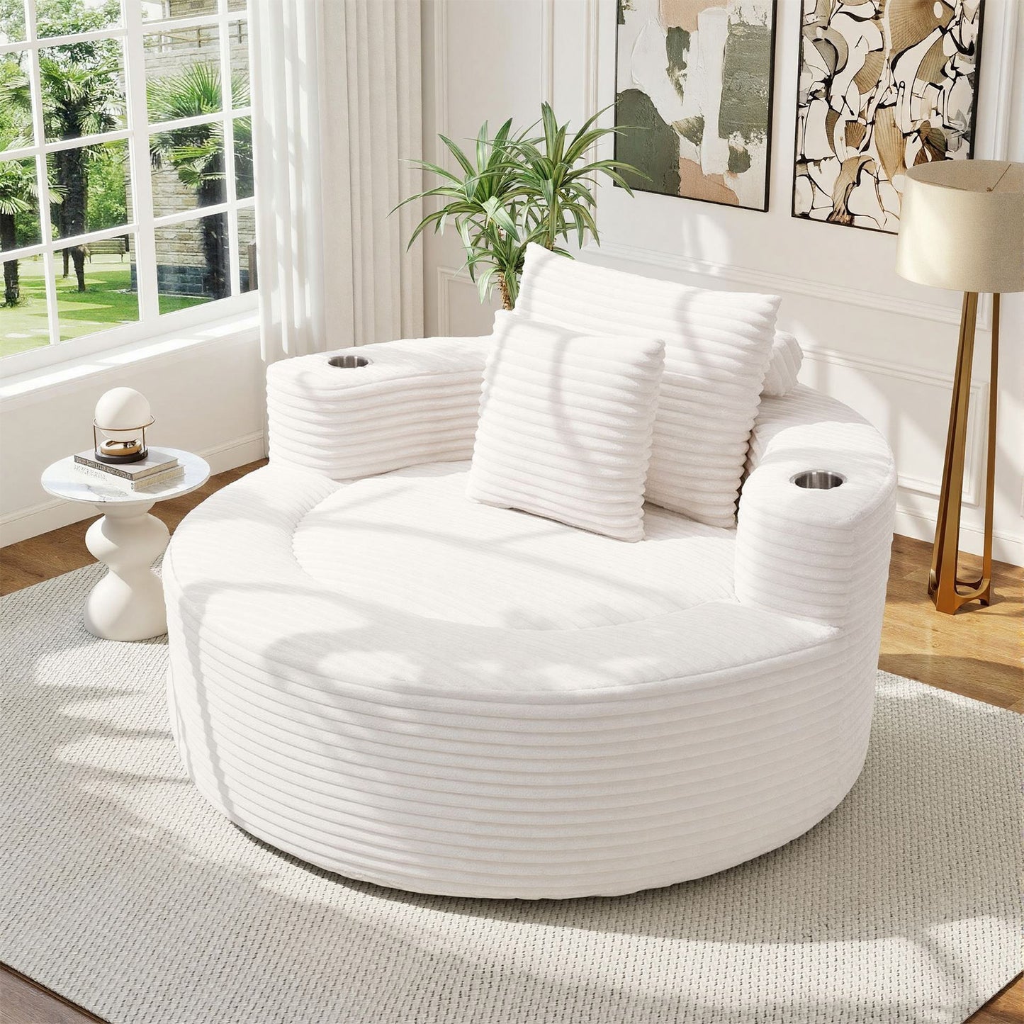 Muumblus 55" Indoor Round Chaise Lounge with Cup Holders, Oversized Boneless Accent Barrel Chair, Black Corduroy