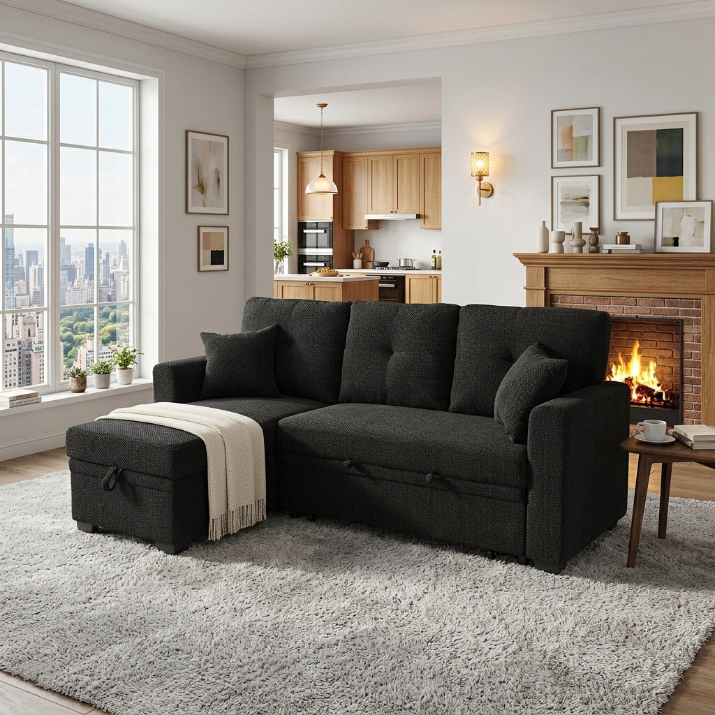 Muumblus Convertible Pull Out Sofa Bed, L-Shaped Sectional Sleeper Couch with Storage Chaise, Vintage Faux Leather Look, Brown Polyester Fabric
