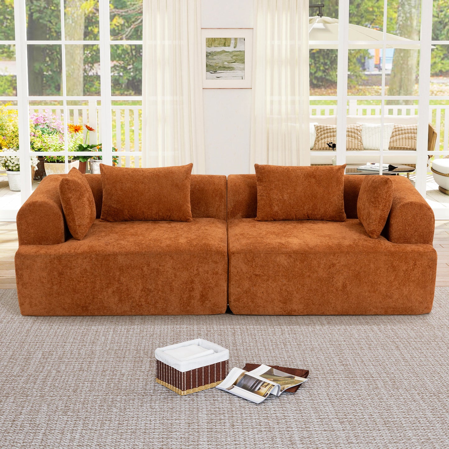Muumblus Boneless Modular Sectional Sofa, 96" Oversized Deep Seat Loveseat Sofa, Cozy Cloud Living Room Couch, Orange Teddy