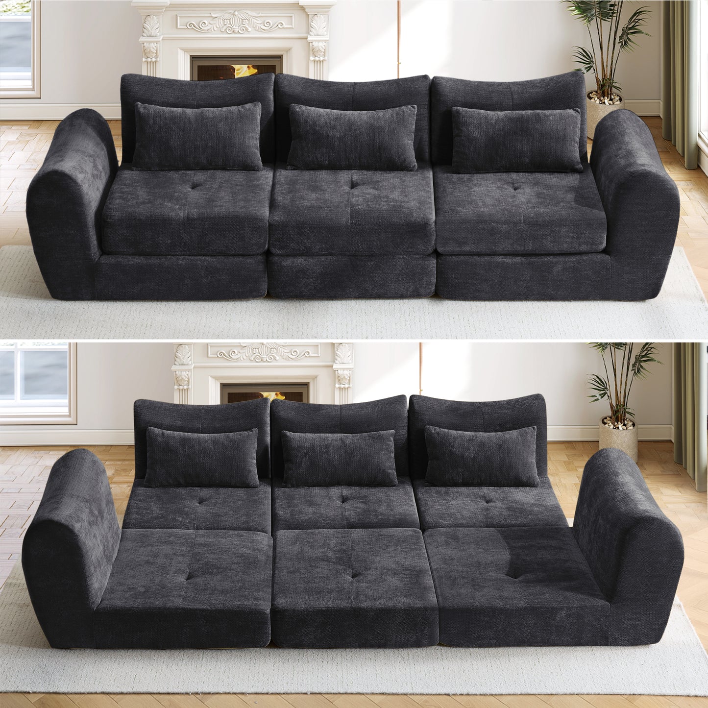 Muumblus 101.6" Modular Sectional Sofa, Convertible Floor Sofa Sleeper Bed, Modern Boneless Cloud Sectional for Living Room, Black Chenille