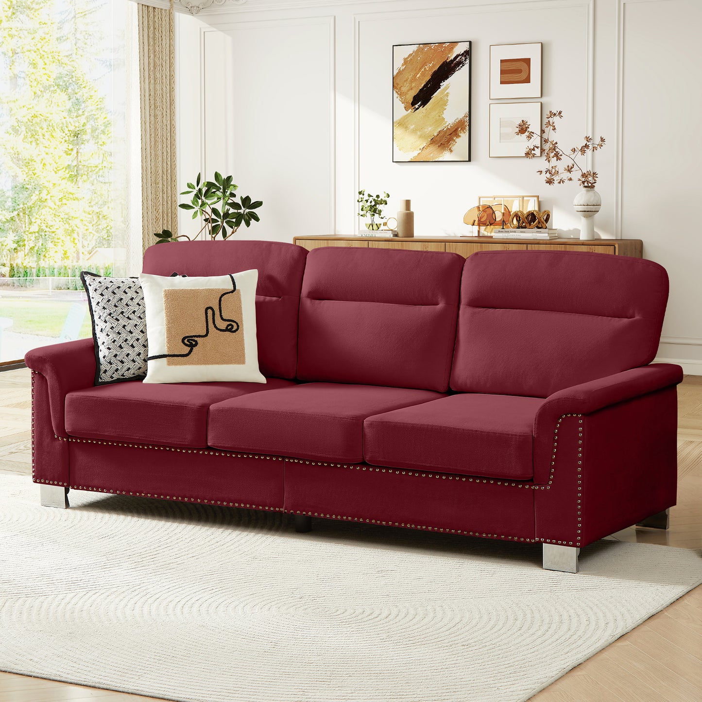 Muumblus 84" 3-Seater Sofa, Modern Deep Seat Nailhead Trim Couch with Curved Arms and Metal Legs for Living Room, Beige