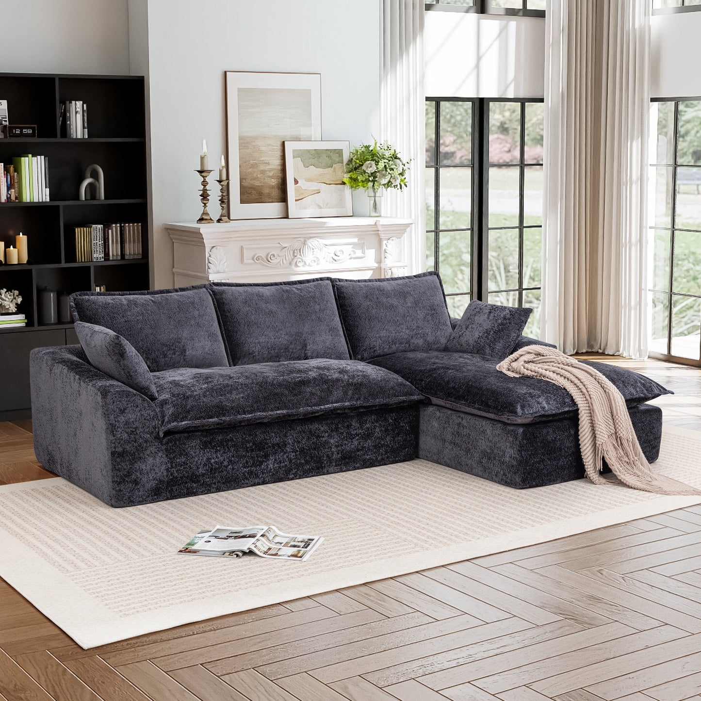 Muumblus 103" Boneless Sectional Sofa with Left Chaise, Comfy L-Shaped Modular Couch for Living Room, No Assembly Required, Black Chenille