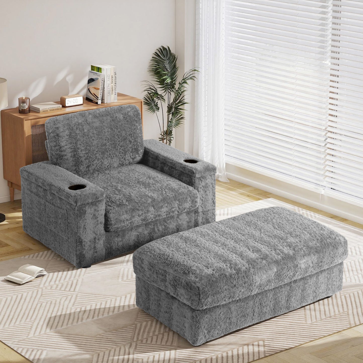Muumblus 42" Chaise Lounge Indoor, Accent Armchair with Storage Ottoman & Armrests, Oversized Lounge Chair Sleeper Chair for Living Room, Gray Faux Rabbit Fur